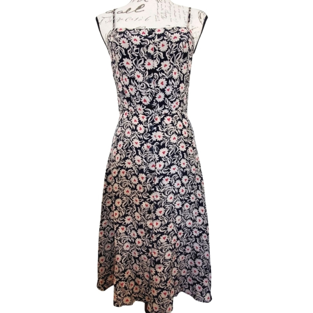 HVN 100% Silk Floral Hearts Midi Button Up Dress Sleeveless Flirty Size 6